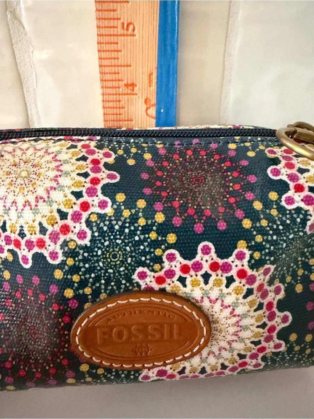 Fossil Coated Kaleidoscope Canvas Small Makeup Pouch/Bag Brass Ring Pull